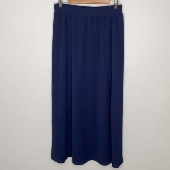 F&M Collection Women Navy Blue Long Pleated Maxi Skirt With Slit Size Large - Picture 1 of 11